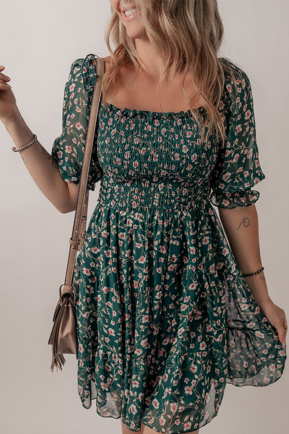 Green Smocked Square Neck Puff Short Sleeve Floral Dress-TOPS / DRESSES-[Adult]-[Female]-2022 Online Blue Zone Planet