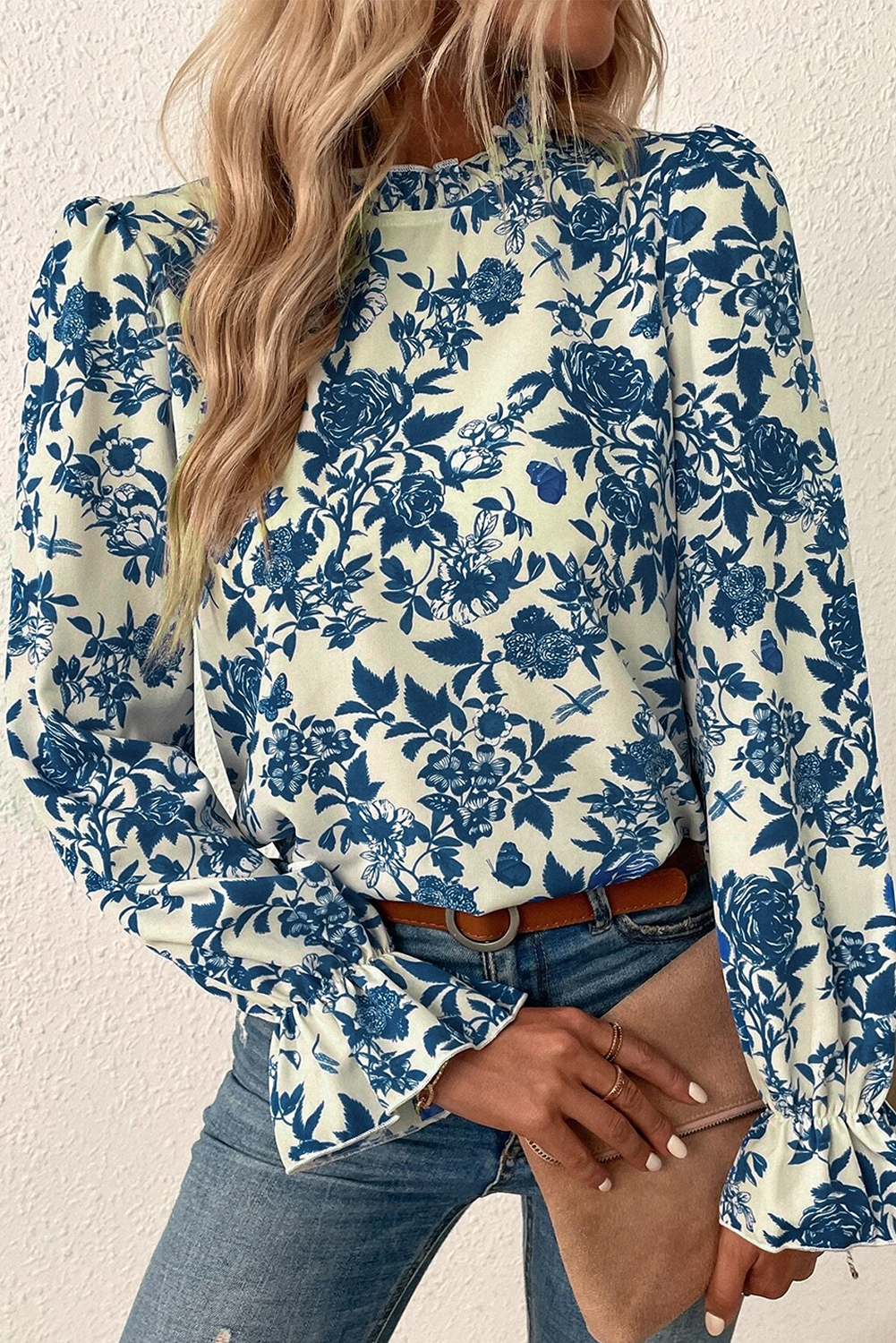 Sky Blue Floral Print Flounce Sleeve Keyhole Back Blouse-Tops/Blouses & Shirts-[Adult]-[Female]-Sky Blue-S-2022 Online Blue Zone Planet