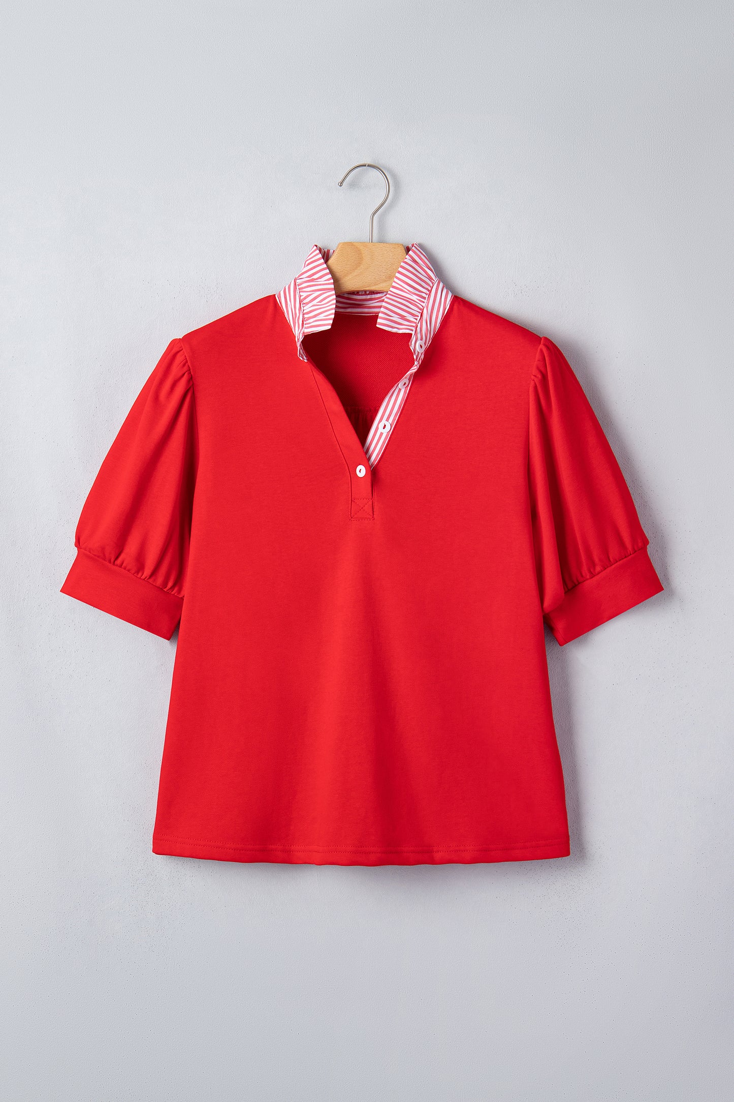Sachet Pink Striped Frilled Collar Short Sleeve Blouse-Tops/Blouses & Shirts-[Adult]-[Female]-2022 Online Blue Zone Planet