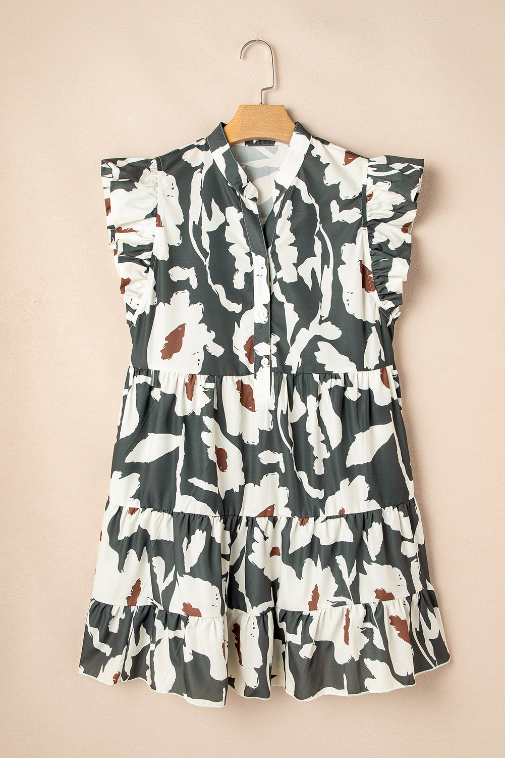 Floral Flutter Sleeve Buttons Ruffled Hem Mini Dress