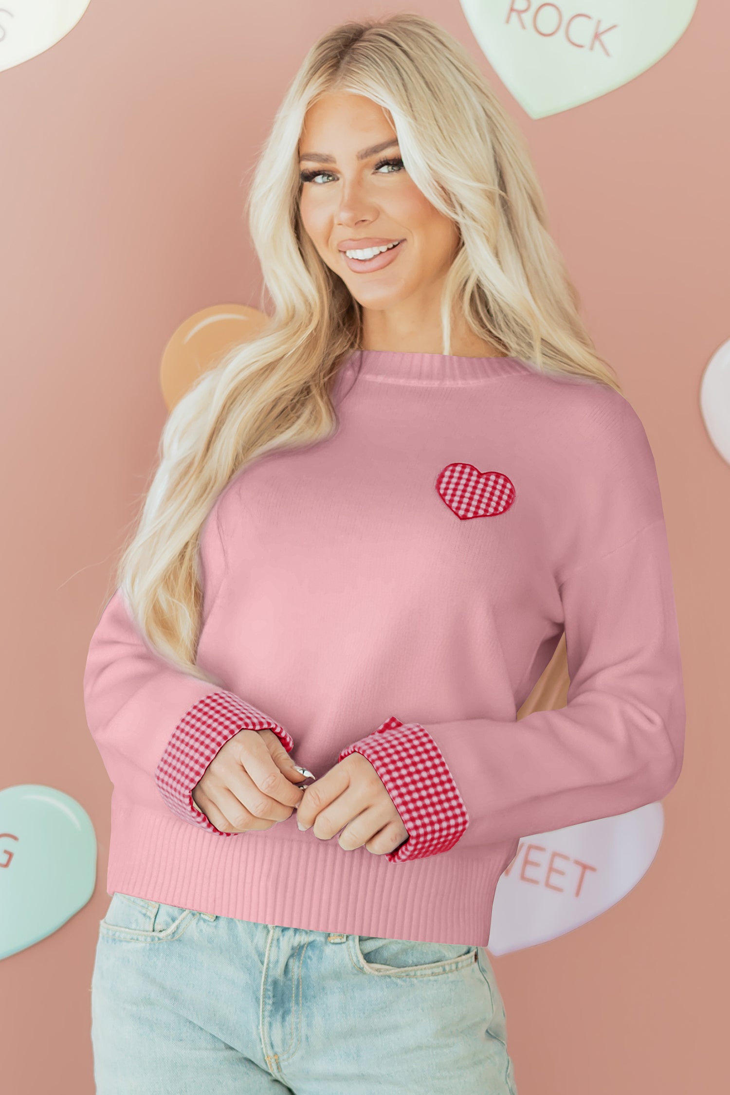 Light Pink Plaid Heart Embroidered Cuffed Drop Shoulder Crew Neck Sweater-Sweaters & Cardigans/Sweaters-[Adult]-[Female]-2022 Online Blue Zone Planet