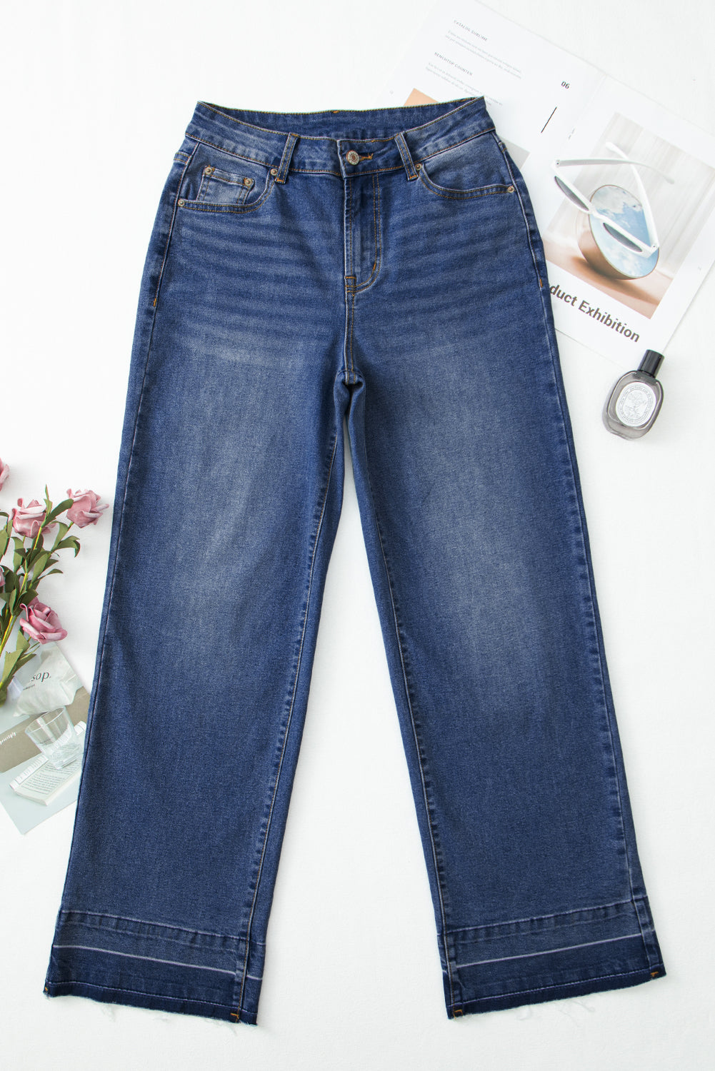 Real Teal Raw Hem Unique Cuffs Straight High Rise Loose Jeans-Bottoms/Jeans-[Adult]-[Female]-2022 Online Blue Zone Planet