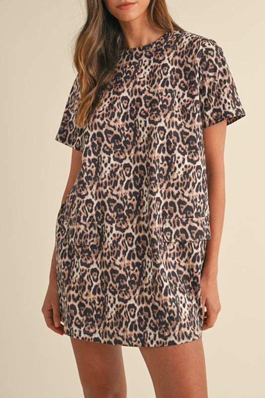 Brown Leopard Print Crew Neck Shift Short T Shirt Dress-TOPS / DRESSES-[Adult]-[Female]-Brown-S-2022 Online Blue Zone Planet