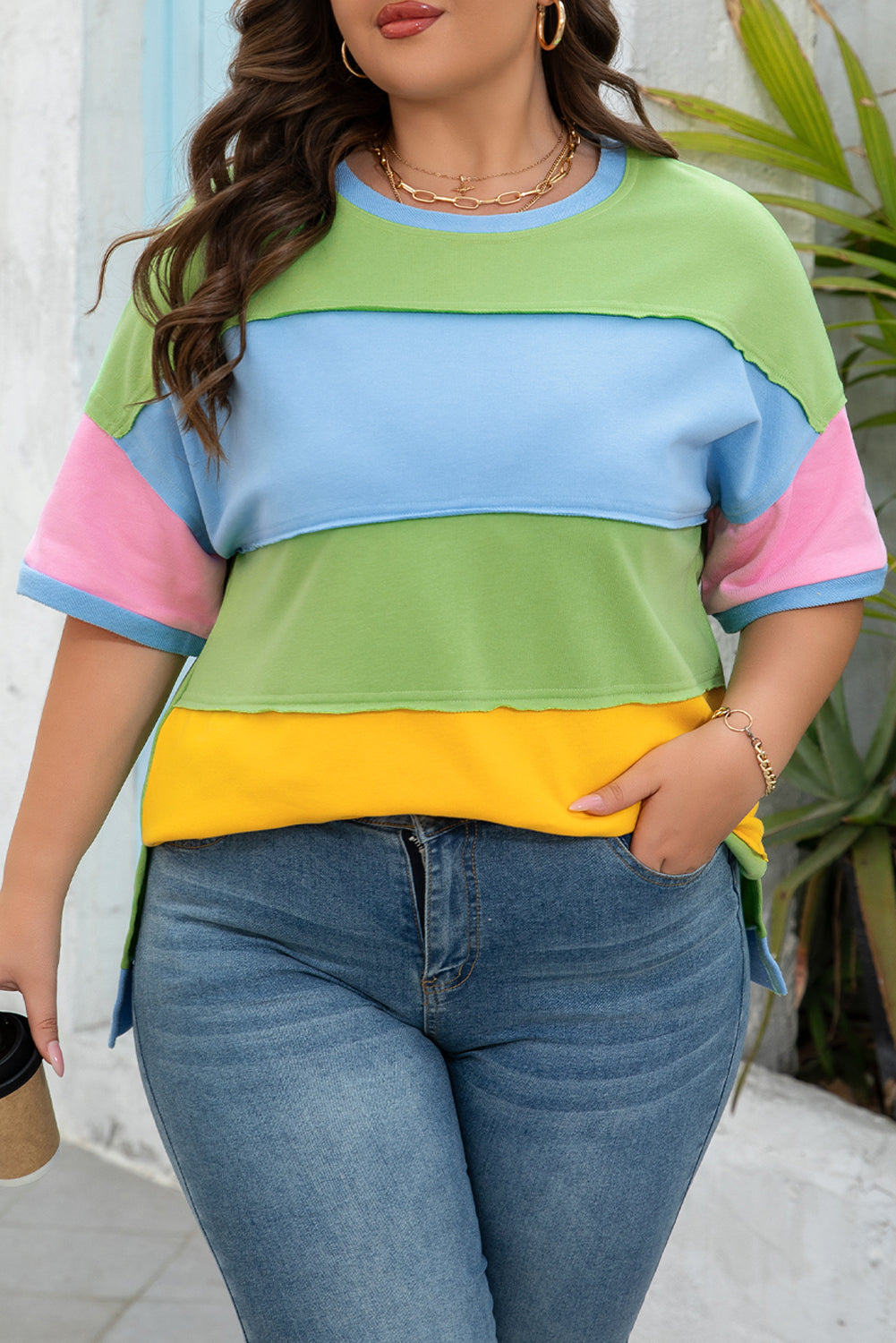 Blue Zone Planet | Light Blue Color Block Exposed Seam Patchwork Plus Size T Shirt-Plus Size/Plus Size Tops/Plus Size Tops & Tees-[Adult]-[Female]-2022 Online Blue Zone Planet