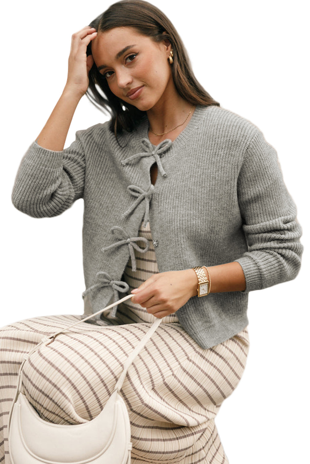 Blue Zone Planet | Philippine Gray Ribbed Knit Bow Front Buttoned Cardigan-Sweaters & Cardigans/Cardigans-[Adult]-[Female]-2022 Online Blue Zone Planet