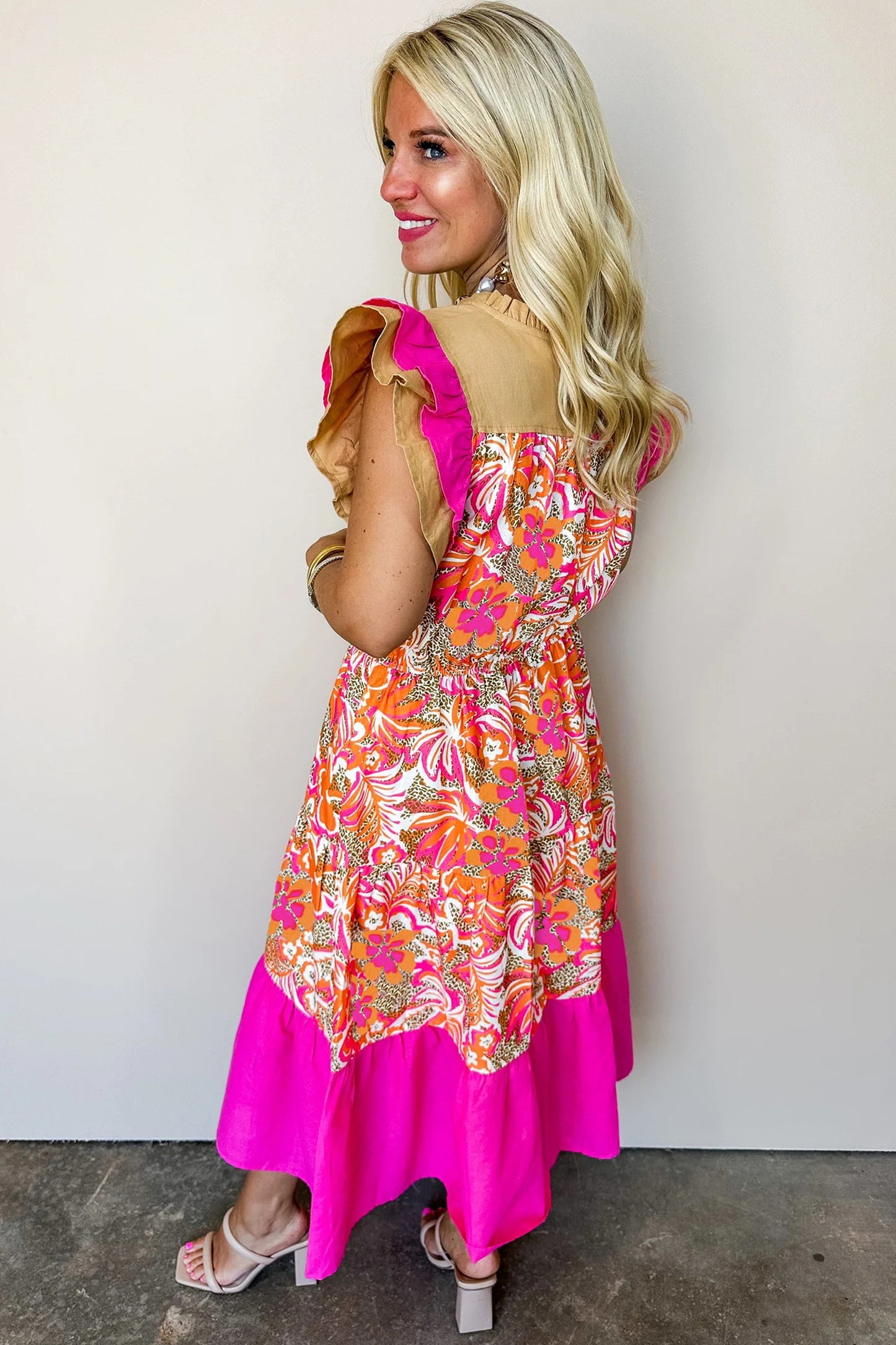 Rose Floral Print Color Block Ruffled Short Sleeve Flared Midi Dress-TOPS / DRESSES-[Adult]-[Female]-2022 Online Blue Zone Planet