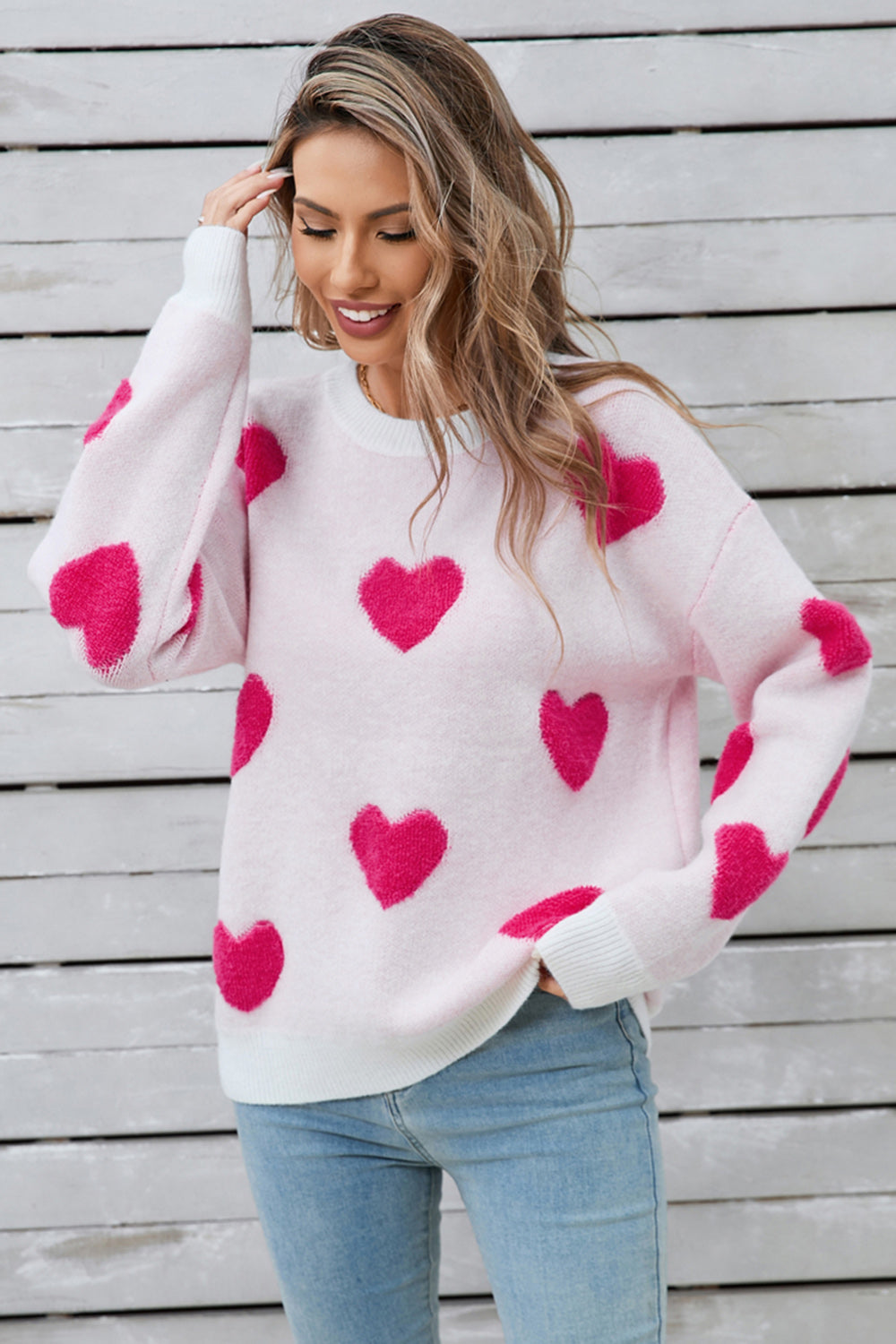 Angel Wings Heart Round Neck Long Sleeve Sweater-TOPS / DRESSES-[Adult]-[Female]-Hot Pink-S-2022 Online Blue Zone Planet