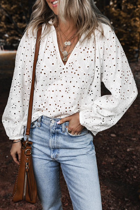 White Eyelet Embroidered Puff Sleeve V Neck Blouse-Blouses-[Adult]-[Female]-White-S-2022 Online Blue Zone Planet