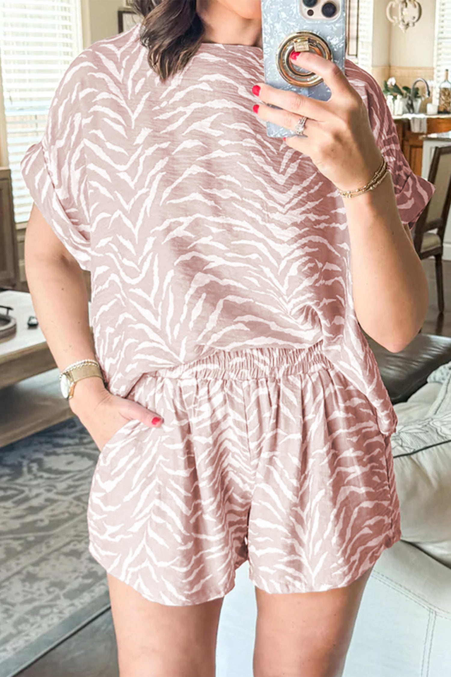 Khaki Abstract Print Cuffed Short Sleeve Loose Top Short Set-Two Piece Sets/Short Sets-[Adult]-[Female]-2022 Online Blue Zone Planet