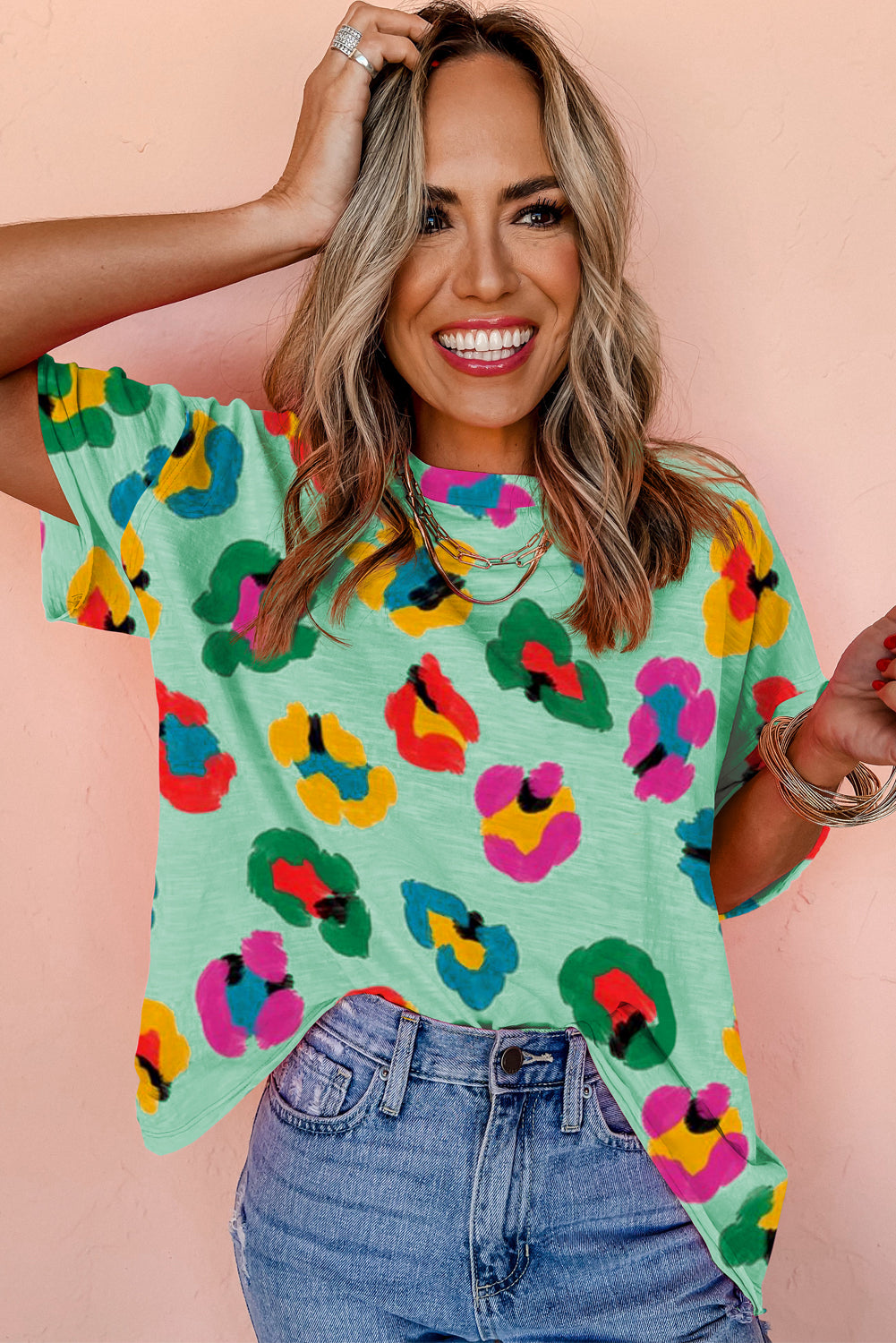 Green Leopard Drop Shoulder Oversize Tee-Tops/Tops & Tees-[Adult]-[Female]-2022 Online Blue Zone Planet