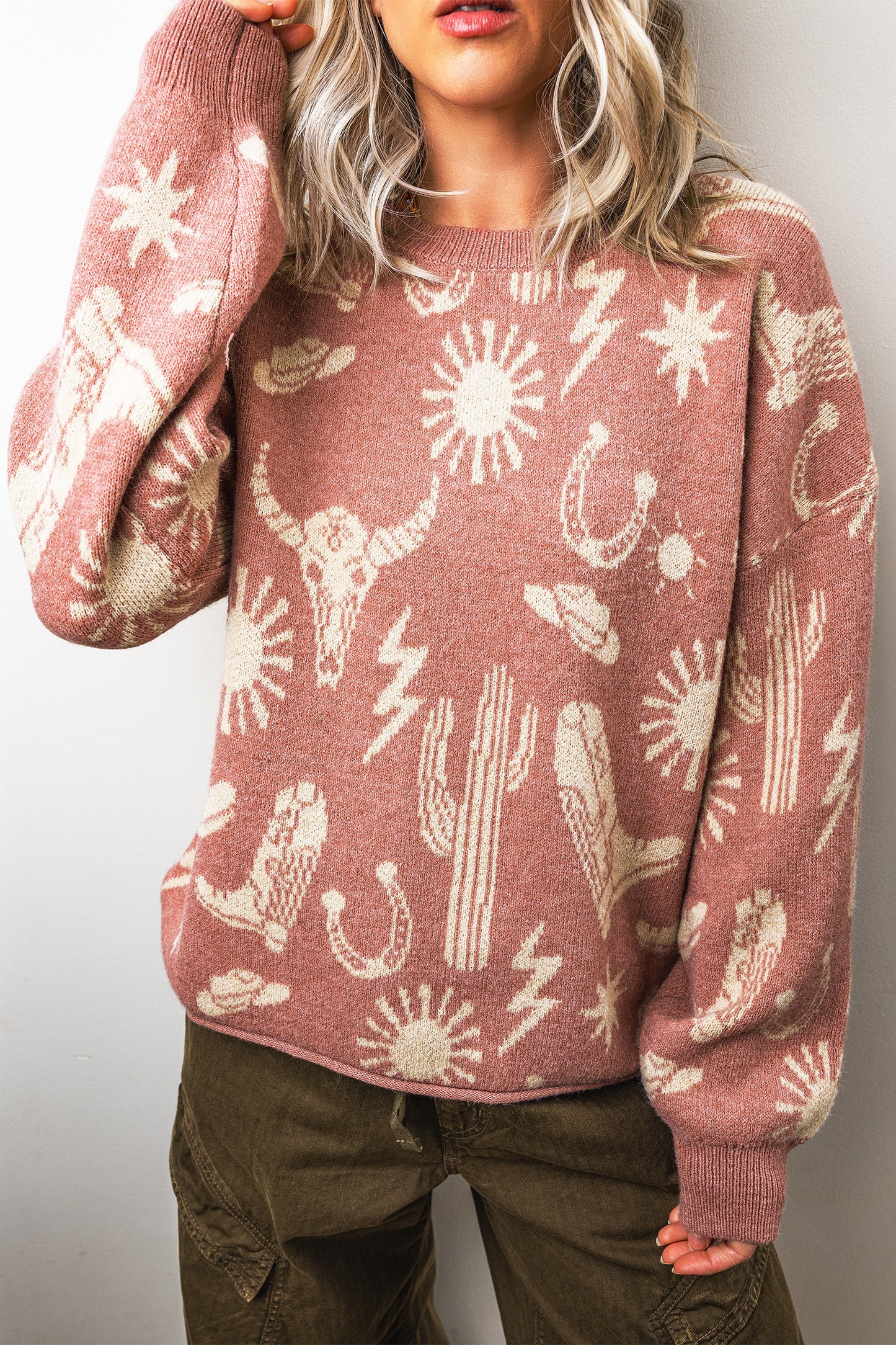 Peach Blossom Western Print Drop Shoulder Round Neck Long Sleeve Sweater-TOPS / DRESSES-[Adult]-[Female]-2022 Online Blue Zone Planet