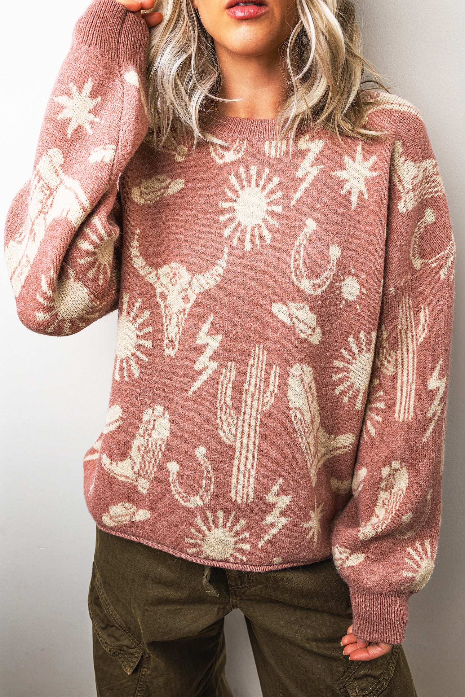 Peach Blossom Western Print Drop Shoulder Round Neck Long Sleeve Sweater-TOPS / DRESSES-[Adult]-[Female]-2022 Online Blue Zone Planet