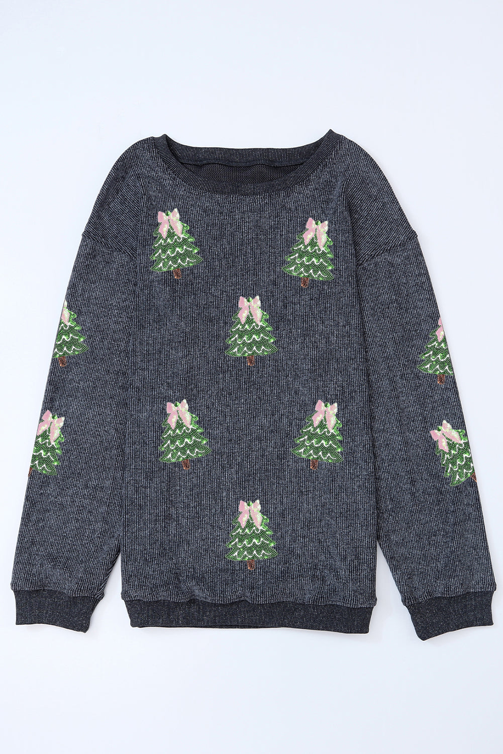 Gray Ribbed Round Neck Sequin Christmas Tree Patched Baggy Sweatshirt-Graphic/Graphic Sweatshirts-[Adult]-[Female]-2022 Online Blue Zone Planet