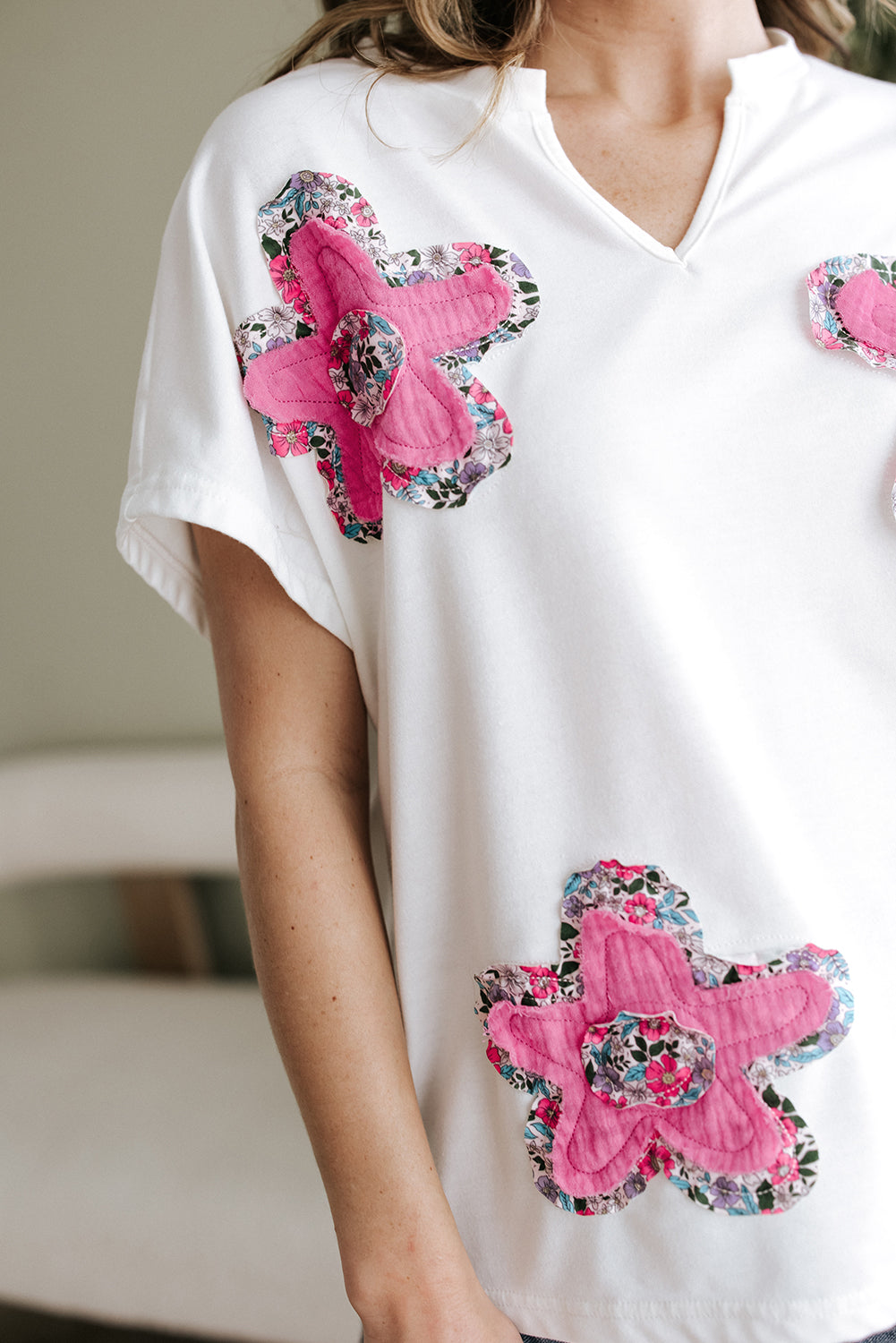 White Floral Applique Notched V Neck Dolman Sleeve Top-Tops/Tops & Tees-[Adult]-[Female]-2022 Online Blue Zone Planet