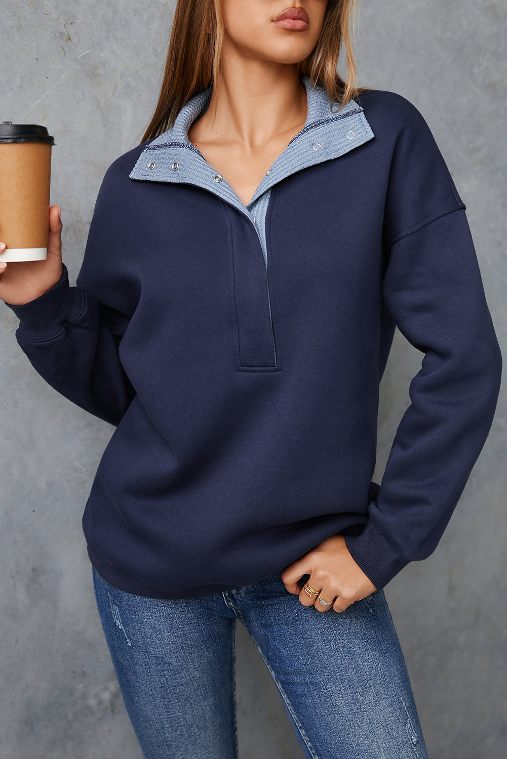 Dirty blue Drop Shoulder Metal Button Casual Pullover Sweatshirt-Tops/Sweatshirts & Hoodies-[Adult]-[Female]-2022 Online Blue Zone Planet