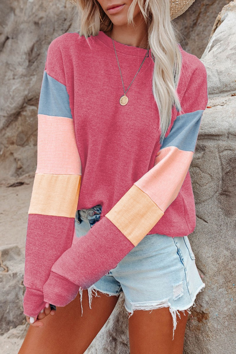 Color Block Round Neck Long Sleeve Sweatshirt-TOPS / DRESSES-[Adult]-[Female]-Dusty Pink-S-2022 Online Blue Zone Planet