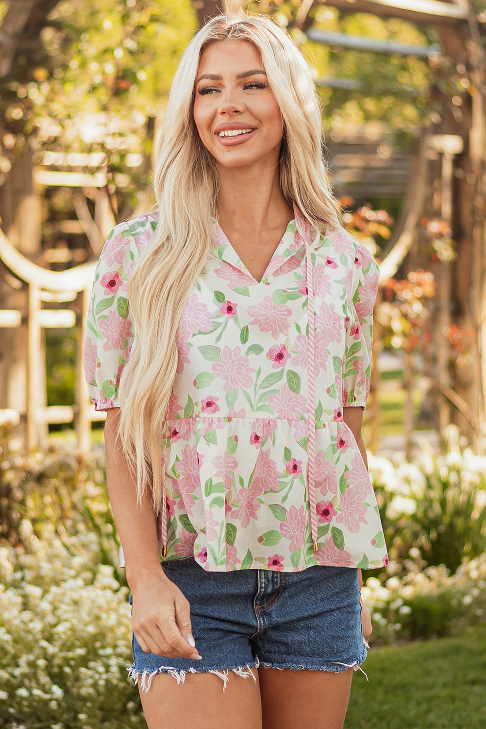 Pink Floral Print Drawstring V Neck Peplum Blouse-Tops/Blouses & Shirts-[Adult]-[Female]-2022 Online Blue Zone Planet