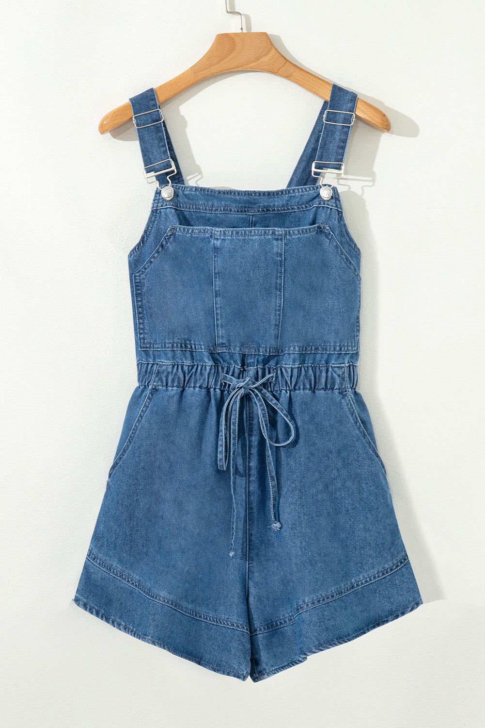 Sky Blue Buckle Straps Bib Style Drawstring Tied Backless Flared Denim Romper-Bottoms/Jumpsuits & Rompers-[Adult]-[Female]-2022 Online Blue Zone Planet