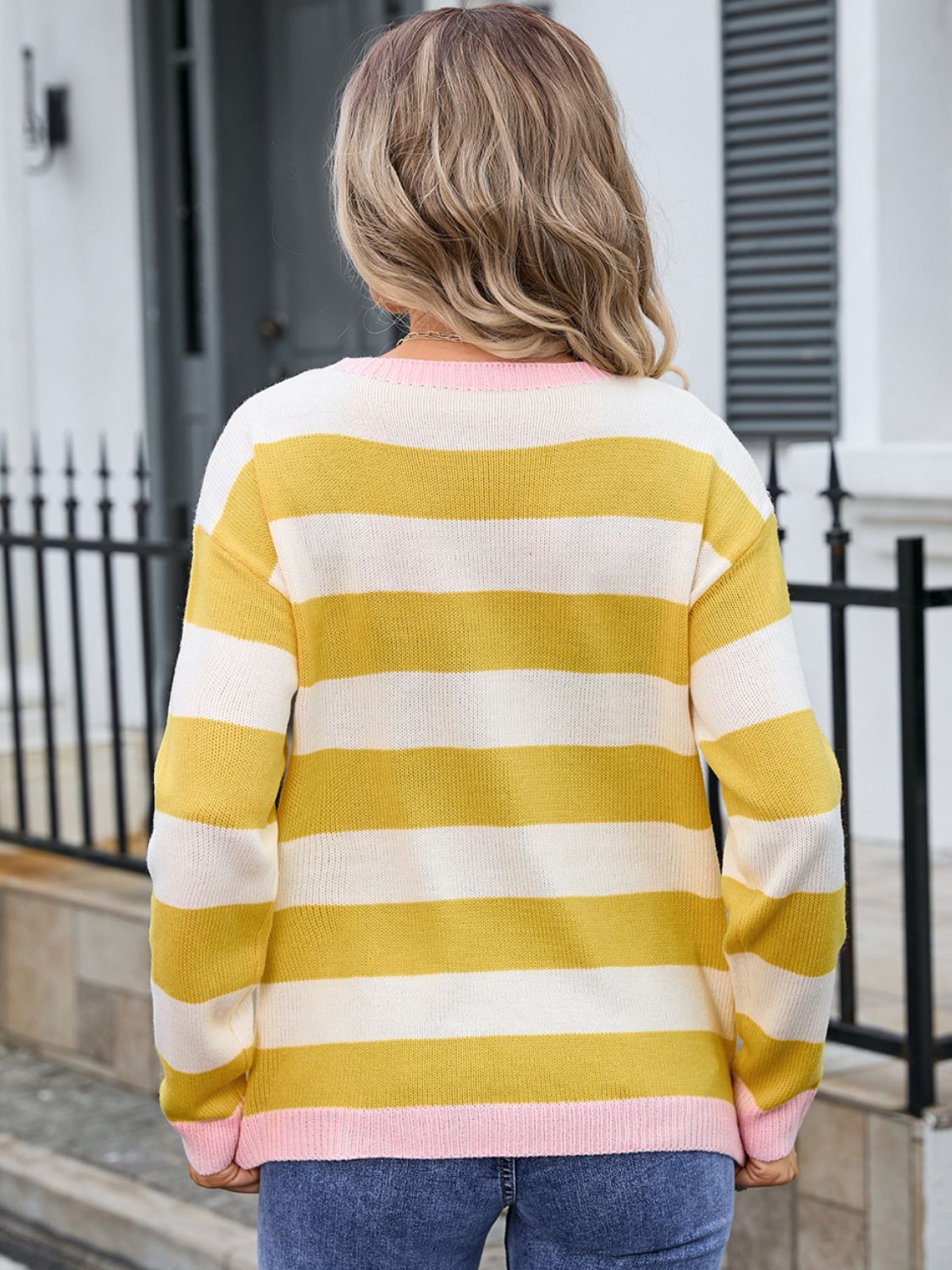 Striped Round Neck Dropped Shoulder Sweater-TOPS / DRESSES-[Adult]-[Female]-2022 Online Blue Zone Planet