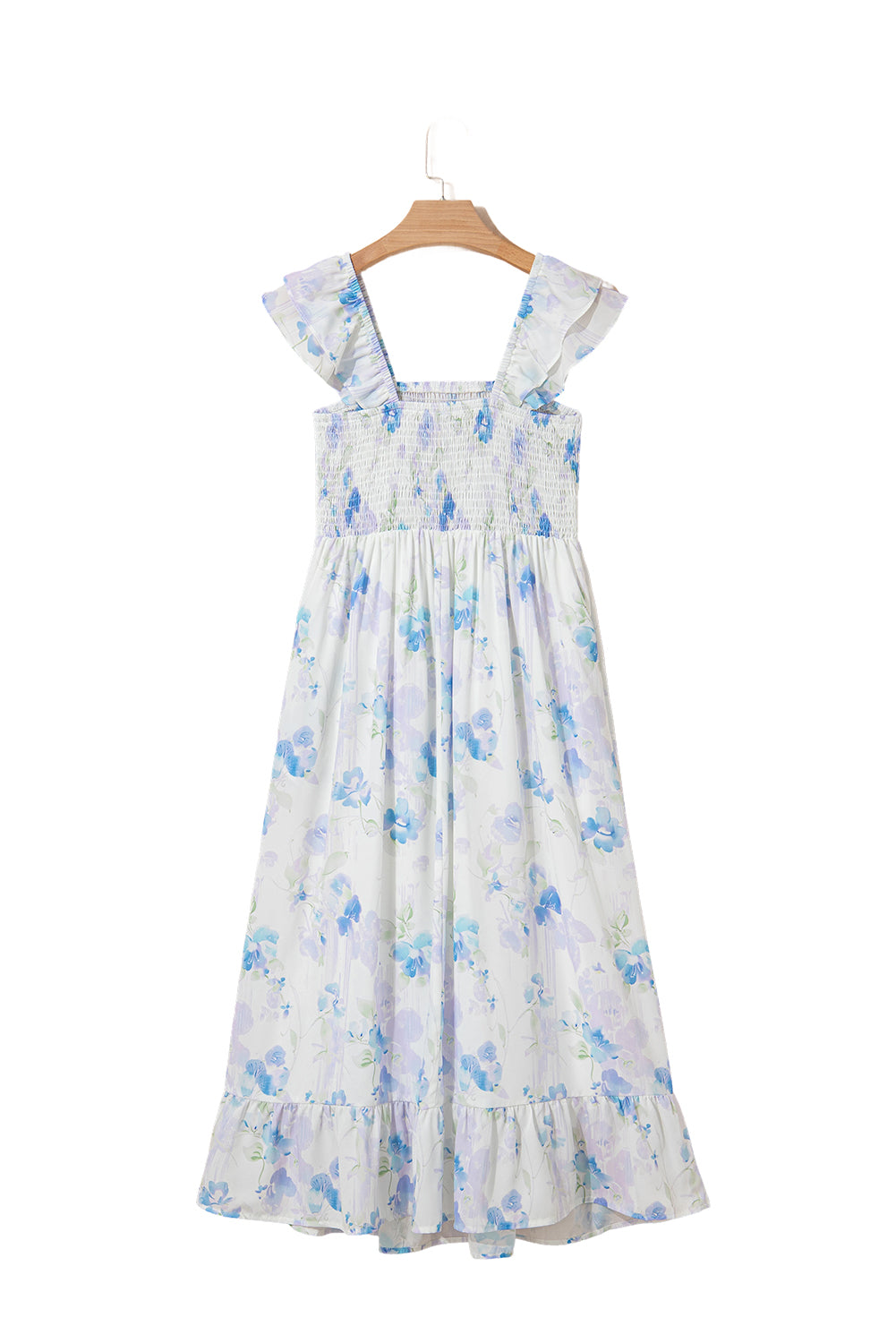 Sky Blue Floral Smocked High Waist Double Ruffle Sleeveless Long Dress-TOPS / DRESSES-[Adult]-[Female]-2022 Online Blue Zone Planet