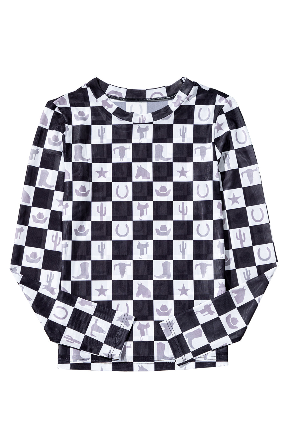 Black Checkerboard Western Elements Printed Mesh Long Sleeve Top-Tops/Long Sleeve Tops-[Adult]-[Female]-2022 Online Blue Zone Planet