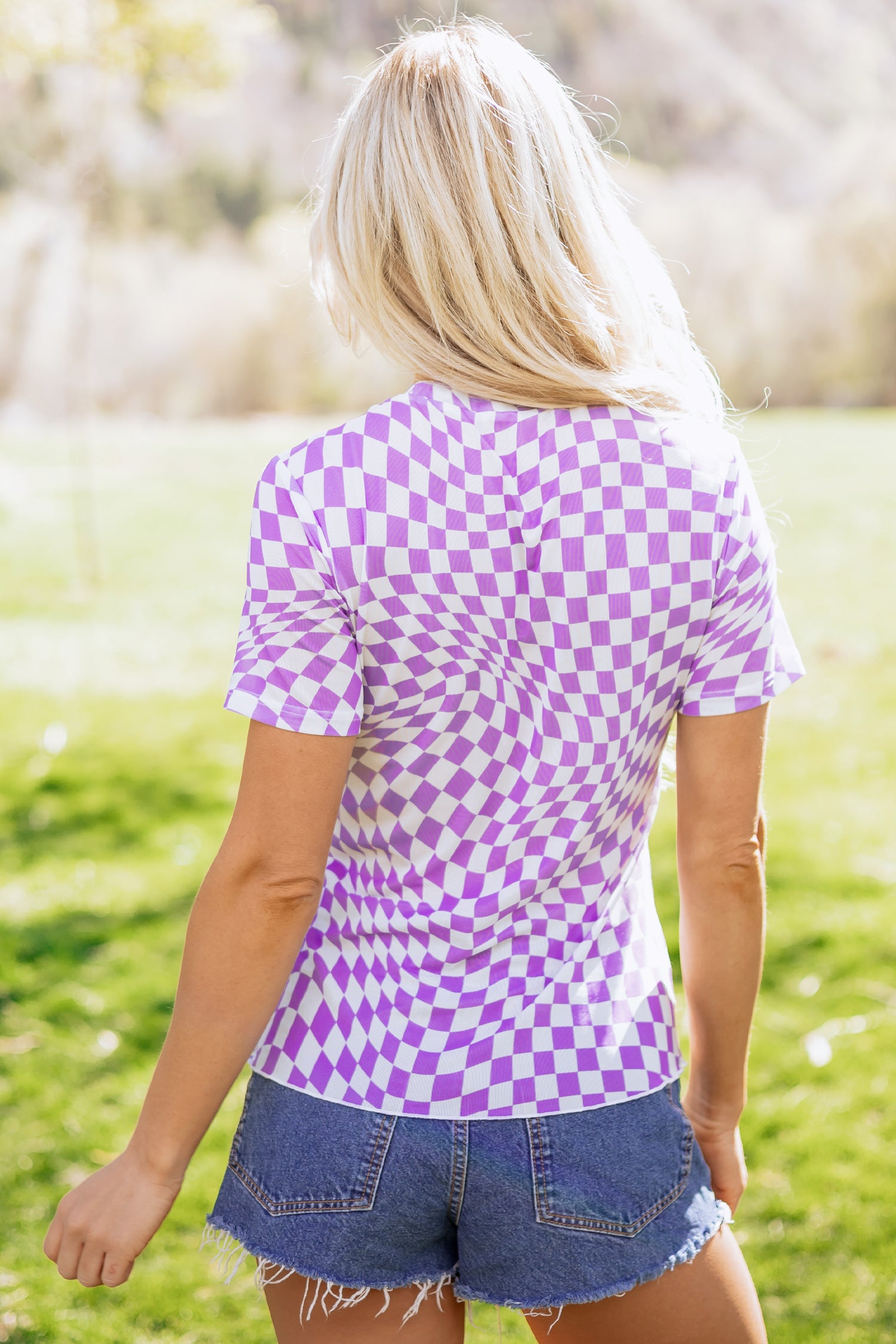 Khaki Checkered Print Mock Neck Mesh T Shirt-Tops/Tops & Tees-[Adult]-[Female]-2022 Online Blue Zone Planet