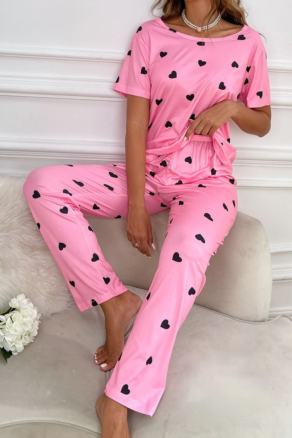 Pink Valentines Heart Print Tee & Pants Pajama Set-Loungewear Set-[Adult]-[Female]-Pink-S-2022 Online Blue Zone Planet