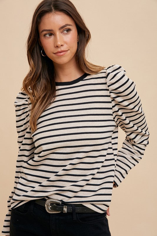 Annie Wear Striped Round Neck Puff Sleeve French Terry Top-TOPS / DRESSES-[Adult]-[Female]-2022 Online Blue Zone Planet