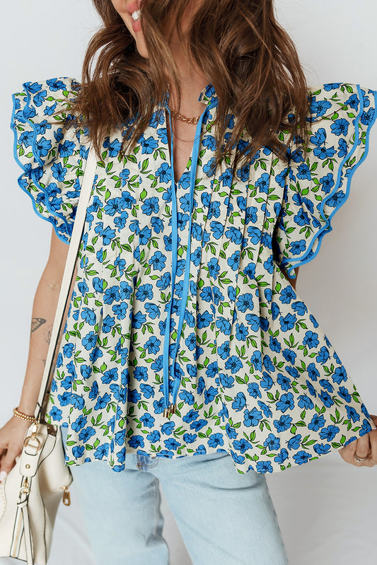 Sky Blue Tiered Flutter Sleeve Pleated Flower Blouse-Tops/Blouses & Shirts-[Adult]-[Female]-Sky Blue-S-2022 Online Blue Zone Planet