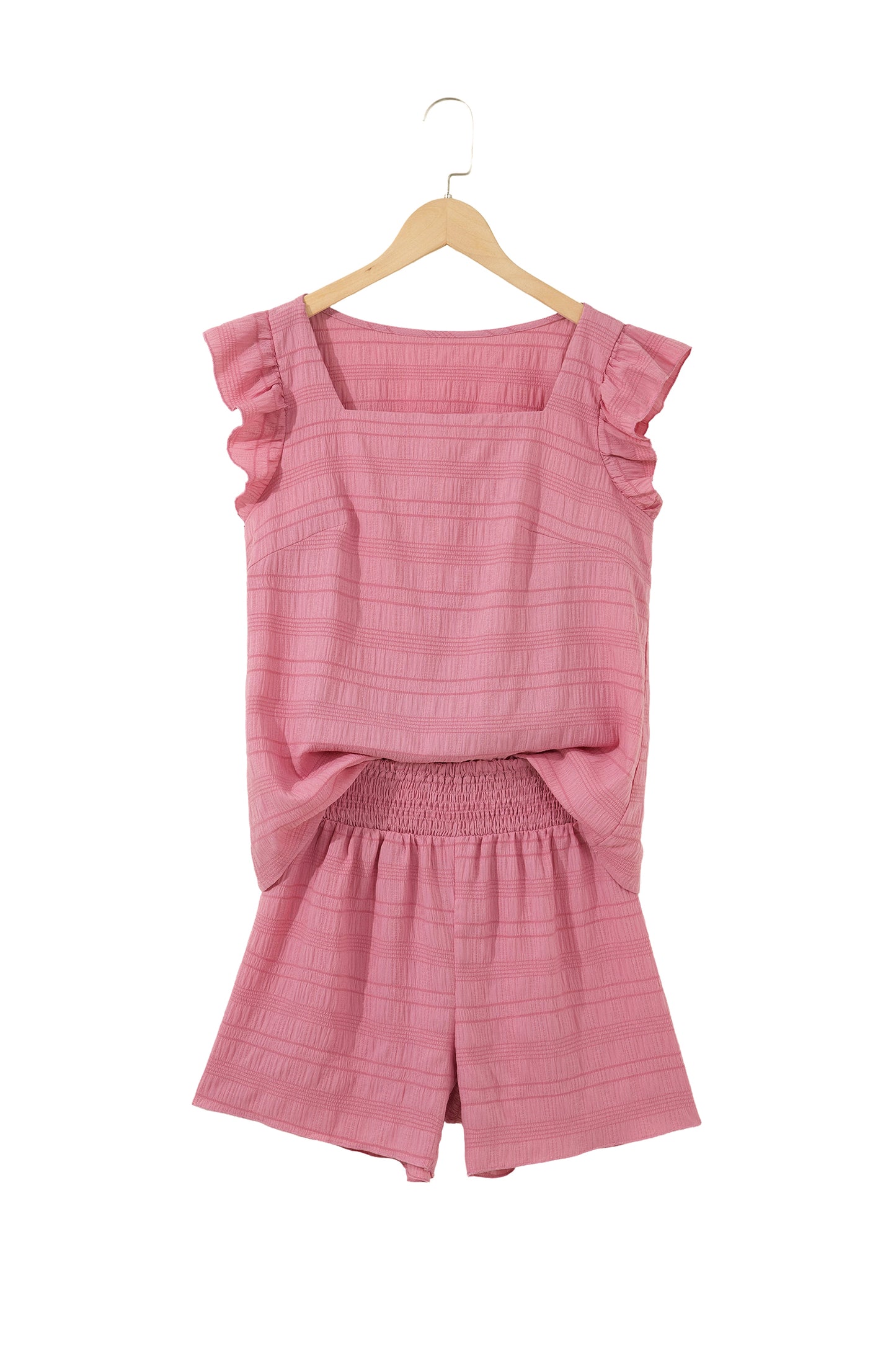 Peach Blossom Textured Square Neck Top And Shirred High Waist Shorts Set-Two Piece Sets/Short Sets-[Adult]-[Female]-2022 Online Blue Zone Planet