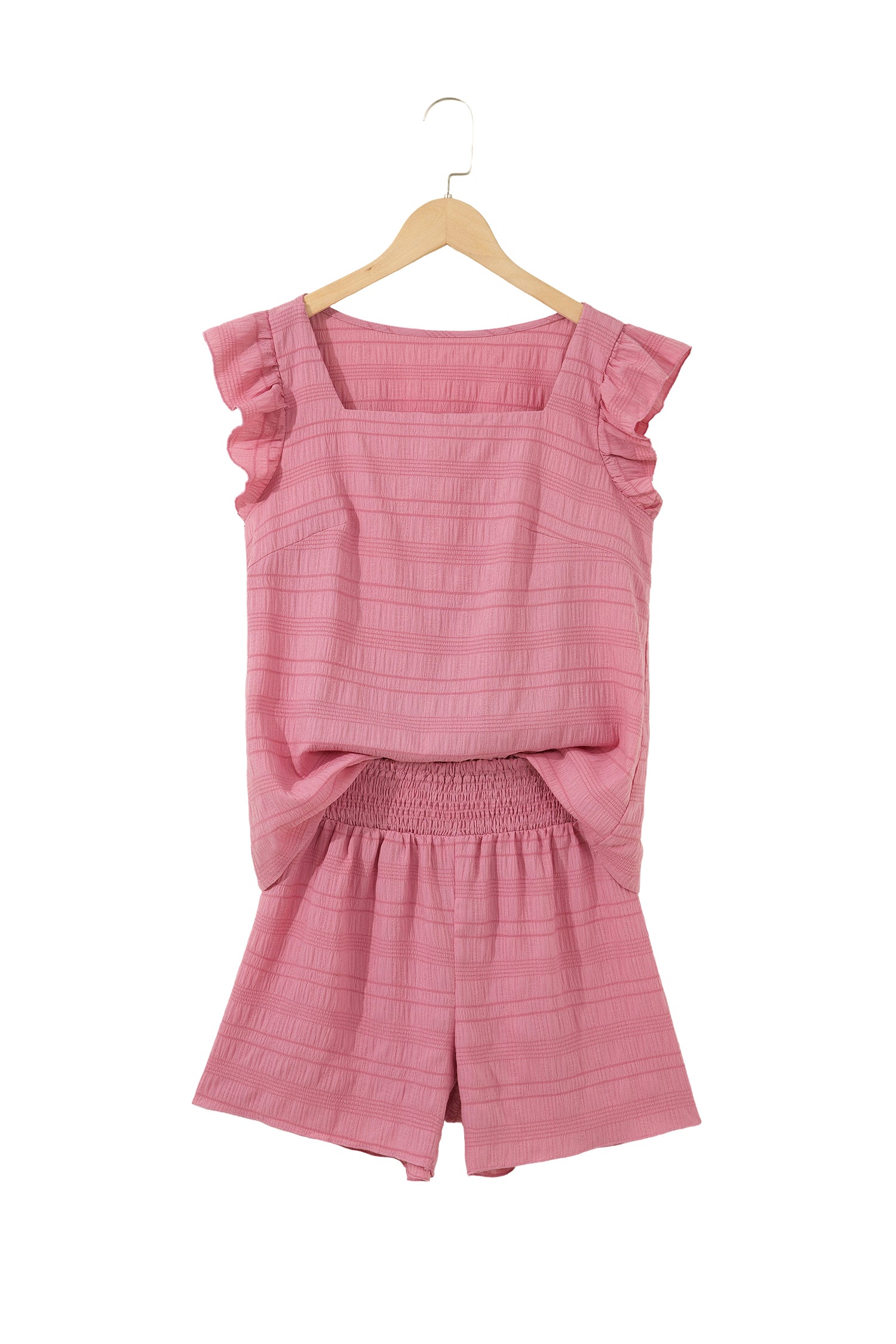 Peach Blossom Textured Square Neck Top And Shirred High Waist Shorts Set-Two Piece Sets/Short Sets-[Adult]-[Female]-2022 Online Blue Zone Planet
