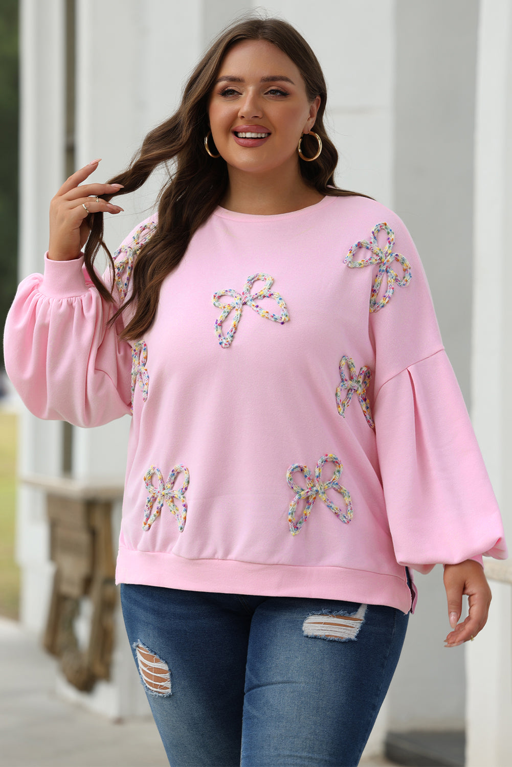 Blue Zone Planet | Light Pink Embroidered Bow Lantern Sleeve Oversized Pullover Sweatshirt-Tops/Sweatshirts & Hoodies-[Adult]-[Female]-2022 Online Blue Zone Planet