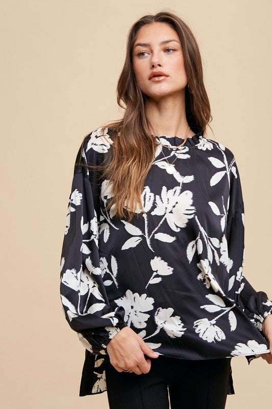 Annie Wear Frill Printed Balloon Sleeve Blouse-TOPS / DRESSES-[Adult]-[Female]-Black-S-2022 Online Blue Zone Planet