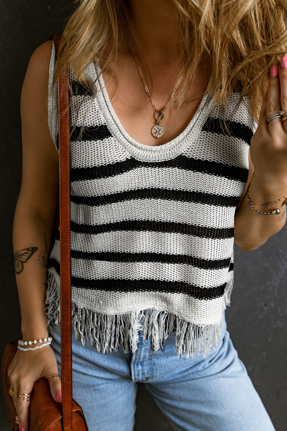 Beige Stripe Loose Knit Fringe Tank Top-Sale (50% OFF)/20% OFF-[Adult]-[Female]-2022 Online Blue Zone Planet