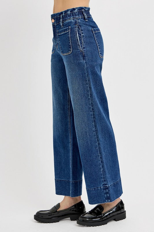 RISEN Elastic Band Wide Leg Jeans-BOTTOMS SIZES SMALL MEDIUM LARGE-[Adult]-[Female]-2022 Online Blue Zone Planet