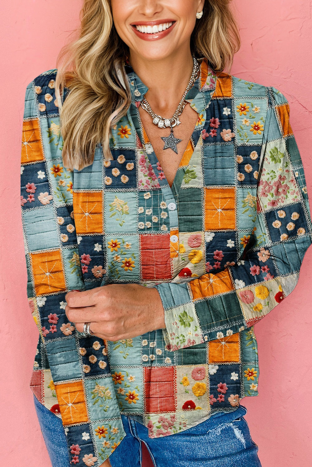 Sky Blue Fall Floral Half Placket Collared V Neck Blouse-Tops/Blouses & Shirts-[Adult]-[Female]-2022 Online Blue Zone Planet