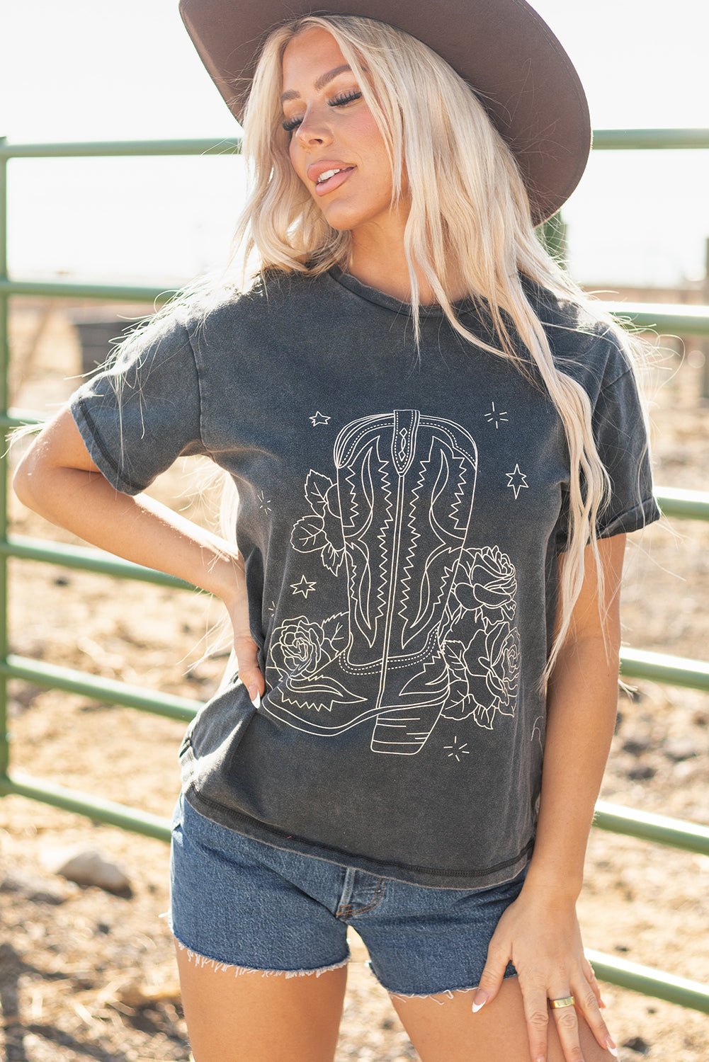 High-Rise Western Cowboy Boots Graphic Tee-Tops/Tops & Tees-[Adult]-[Female]-2022 Online Blue Zone Planet