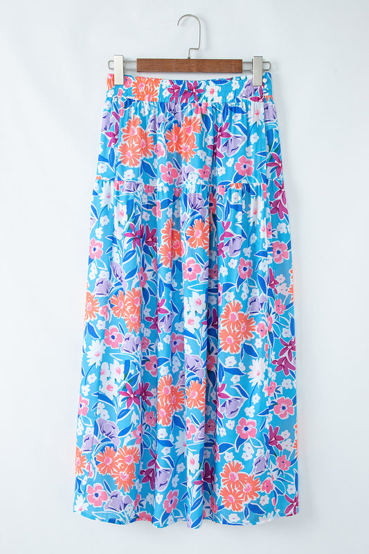Sky Blue Floral Printed High Waist Split Wrap Long Skirt-Bottoms/Skirts & Petticoat-[Adult]-[Female]-2022 Online Blue Zone Planet