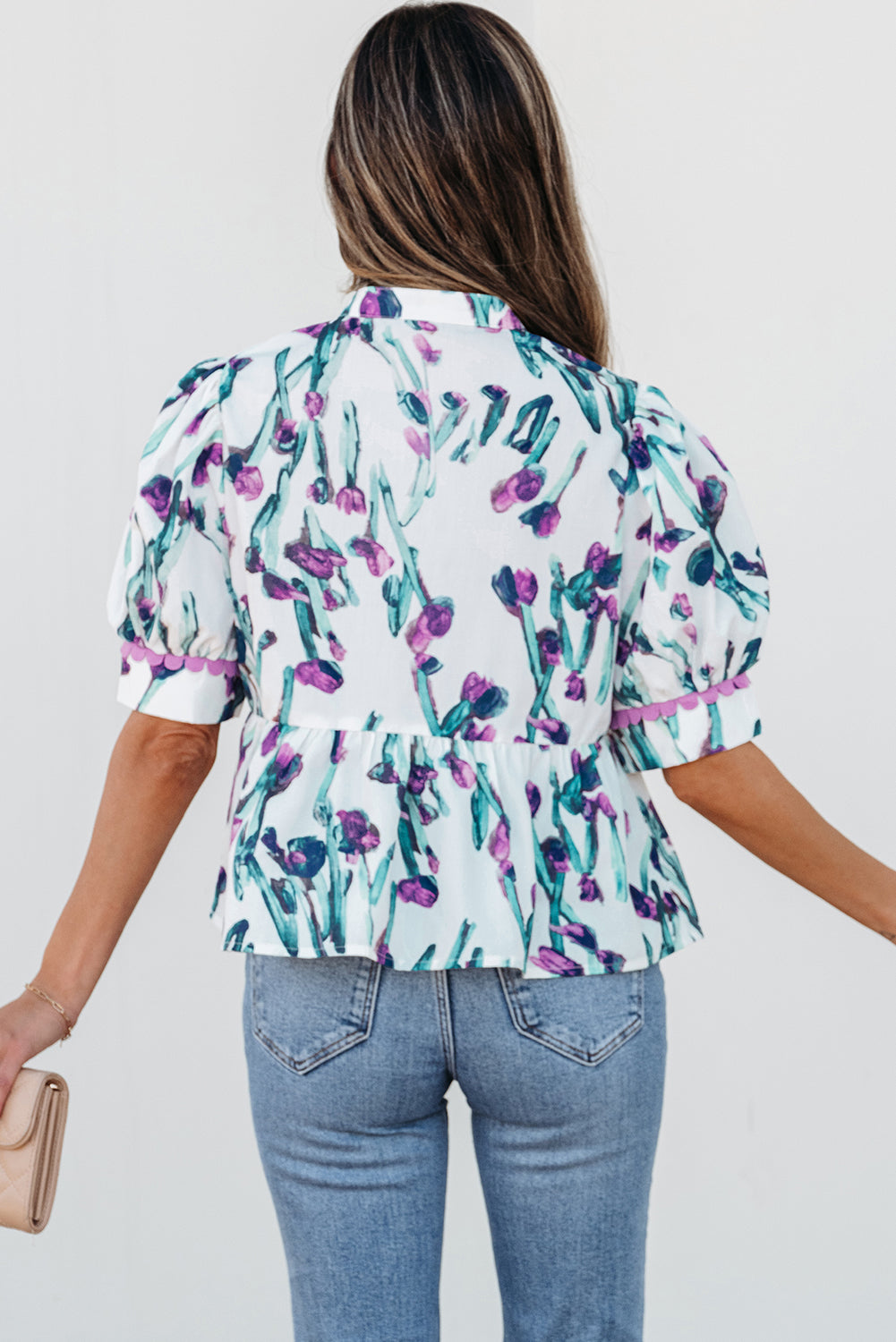 Purple Floral Ricrac Trim Half Sleeve Peplum Top-Tops/Blouses & Shirts-[Adult]-[Female]-2022 Online Blue Zone Planet