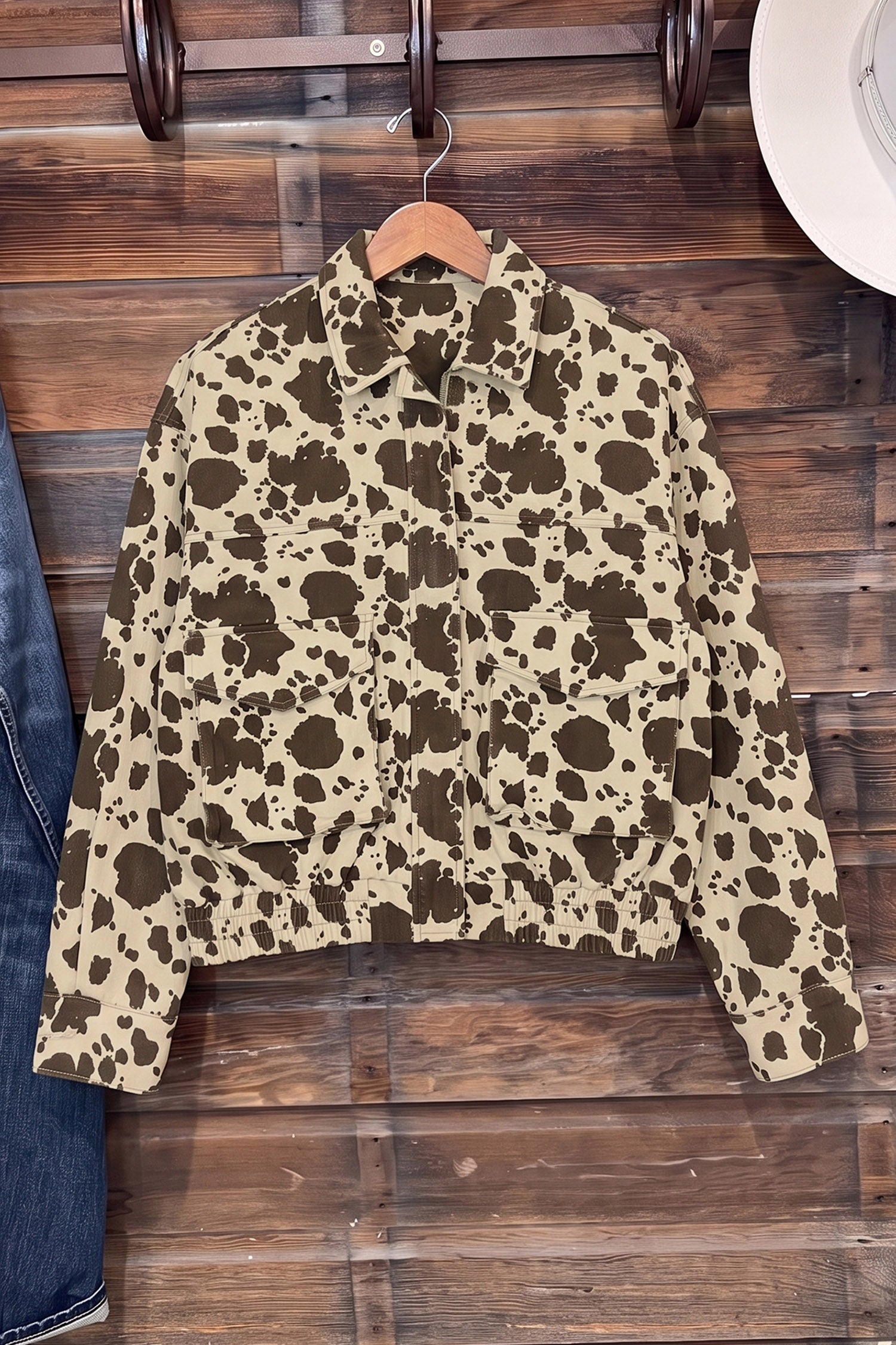 Brown Western Cow Print Cargo Pocket Denim Jacket-Outerwear/Denim jackets-[Adult]-[Female]-2022 Online Blue Zone Planet