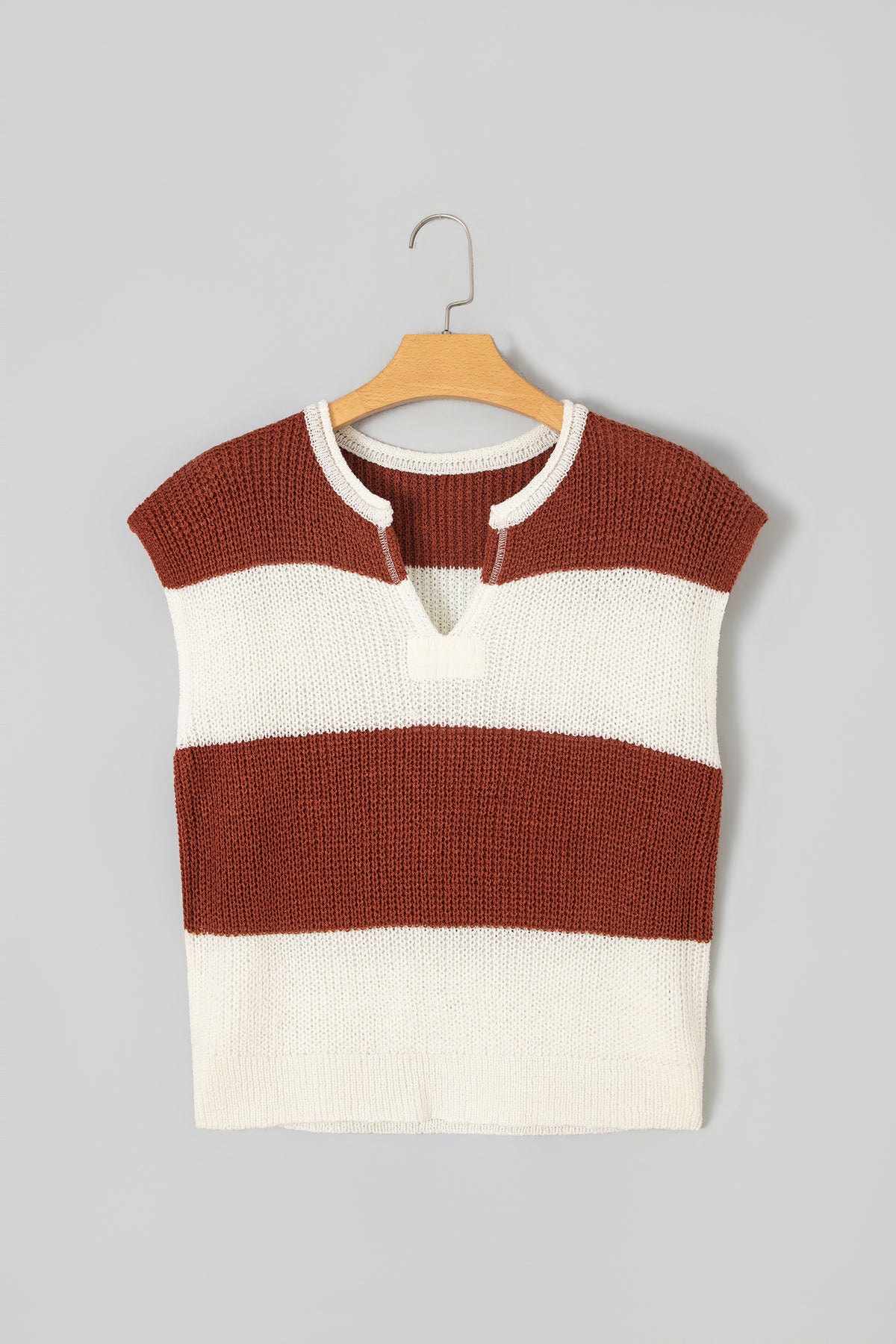 Brown Stripe Striped Colorblock Knit V Neck Short Sleeve Loose Sweater-Sweaters & Cardigans/Short Sleeve Sweaters-[Adult]-[Female]-2022 Online Blue Zone Planet
