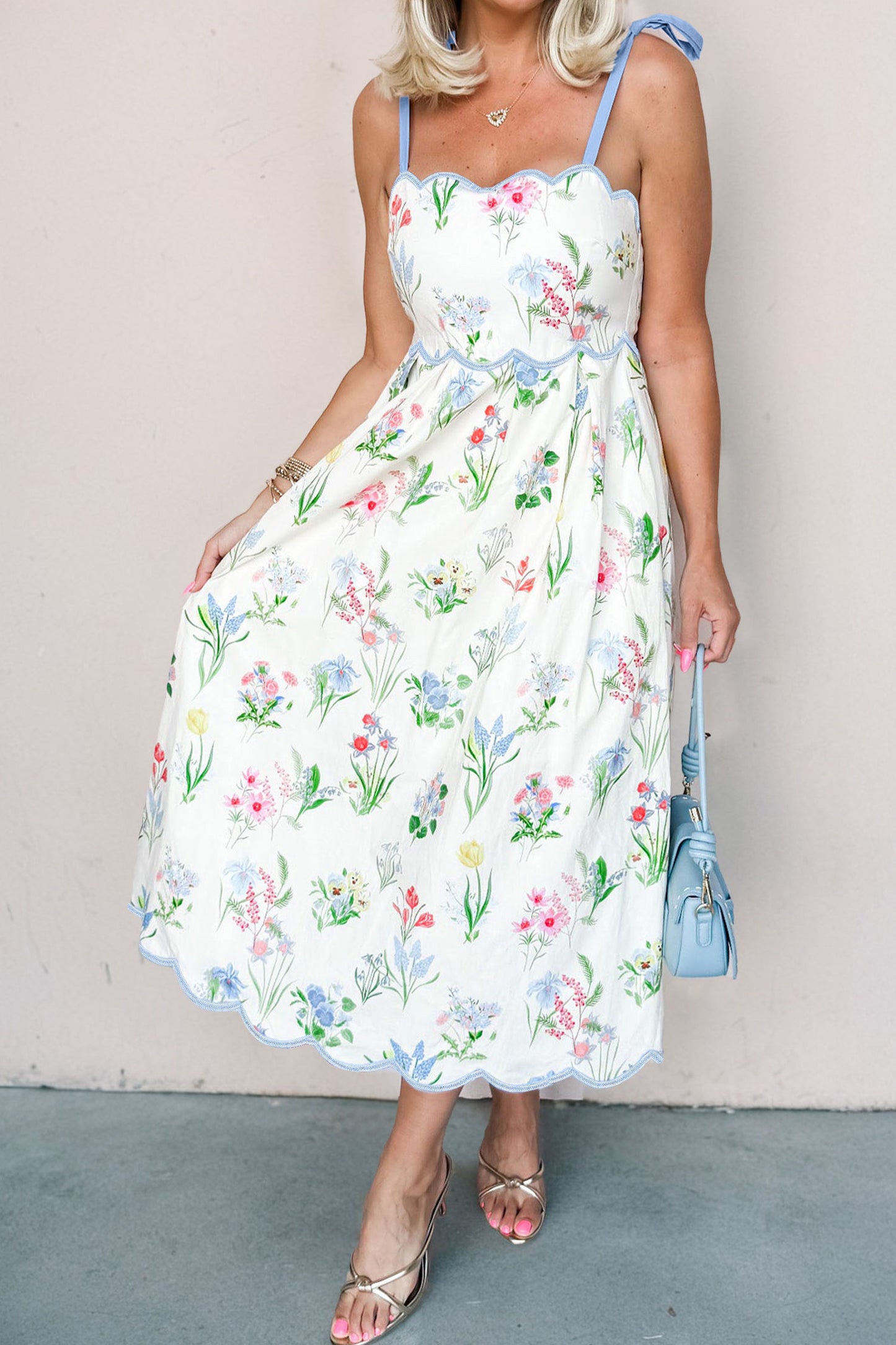 Beige Floral Print Contrast Trim Self-tie Straps High Waist Midi Dress-Dresses/Floral Dresses-[Adult]-[Female]-Beige-S-2022 Online Blue Zone Planet