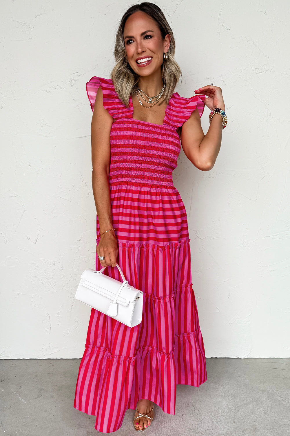 Rose Stripe Flutter Sleeve Smocked Bodice Tiered Maxi Dress-TOPS / DRESSES-[Adult]-[Female]-2022 Online Blue Zone Planet