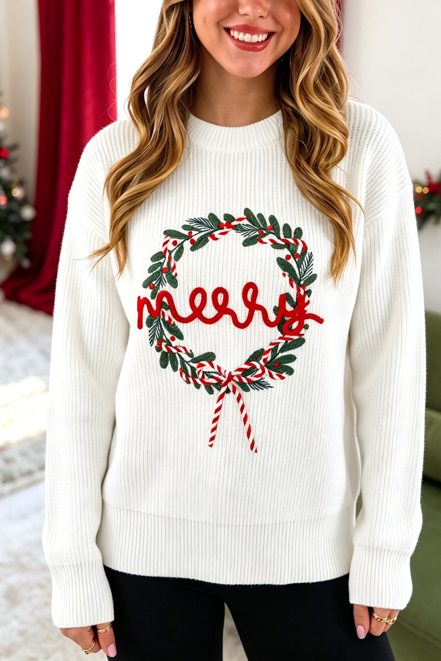 White Christmas Wreath Pattern Round Neck Casual Sweater-Sweaters & Cardigans/Sweaters-[Adult]-[Female]-White-S-2022 Online Blue Zone Planet