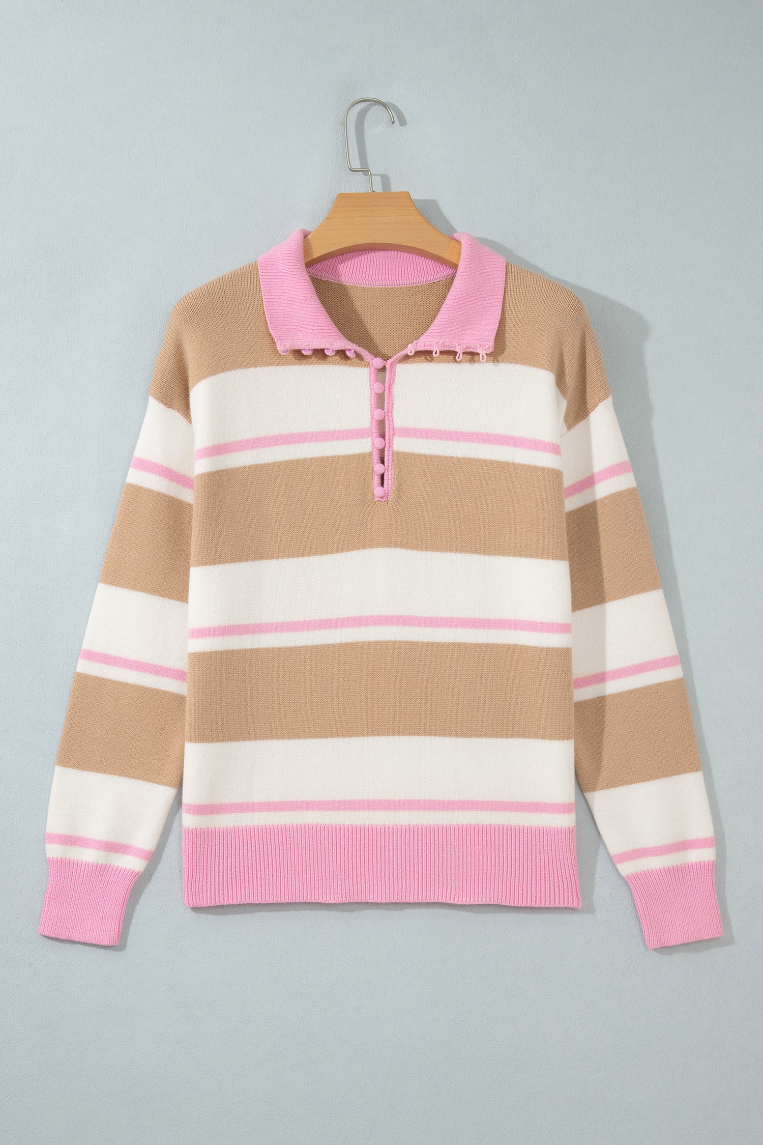 Khaki Stripe Striped Drop Shoulder Button Placket Long Sleeve Sweater-TOPS / DRESSES-[Adult]-[Female]-2022 Online Blue Zone Planet
