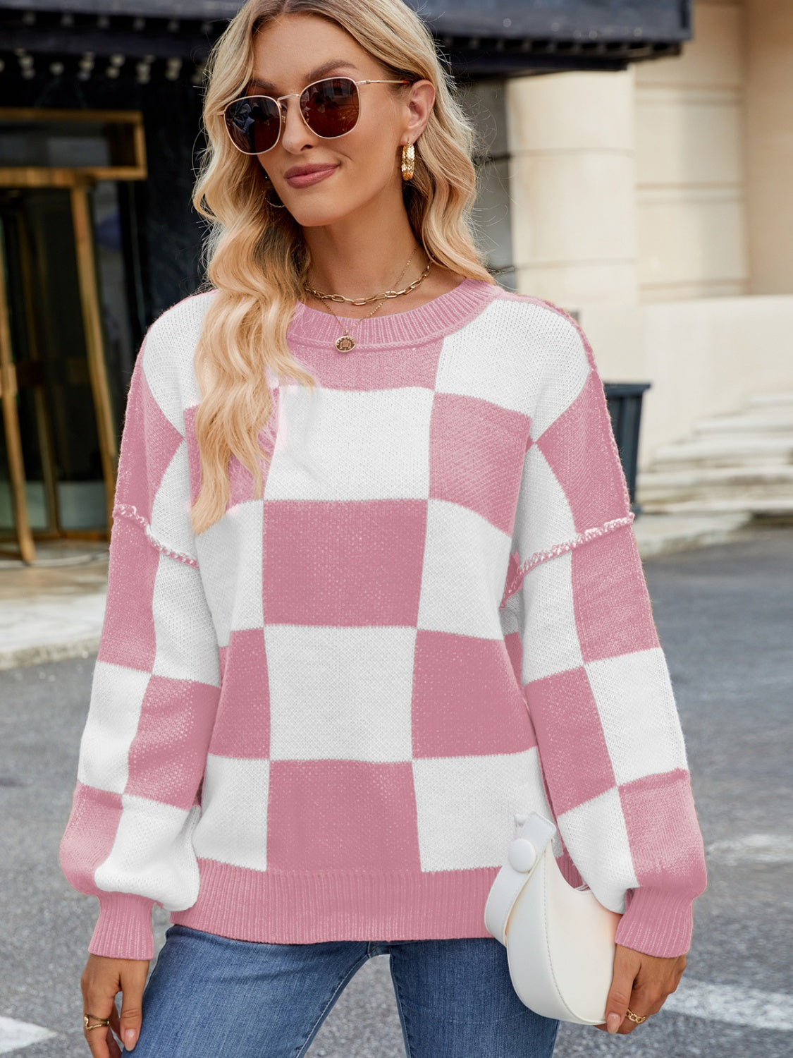 Checkered Round Neck Long Sleeve Sweater-TOPS / DRESSES-[Adult]-[Female]-2022 Online Blue Zone Planet