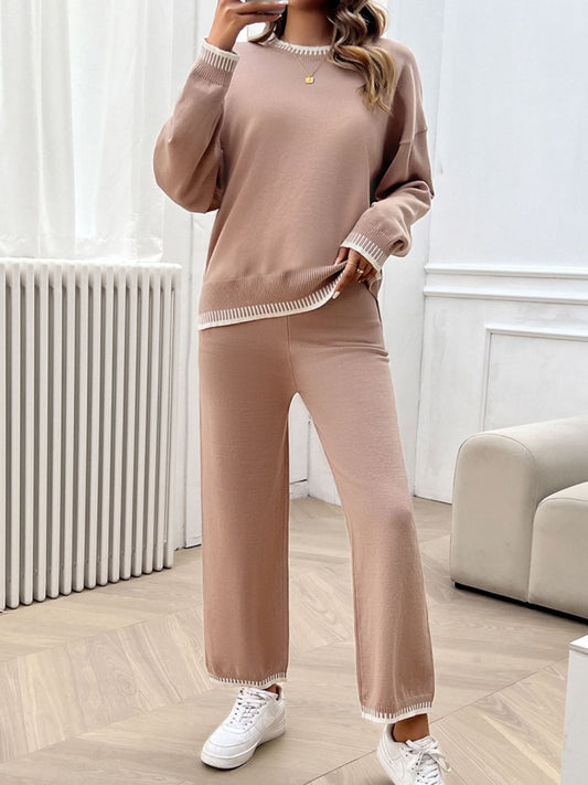 Blue Zone Planet | Round Neck Dropped Shoulder Top and Pants Sweater Set-TOPS / DRESSES-[Adult]-[Female]-Pale Blush-S-2022 Online Blue Zone Planet