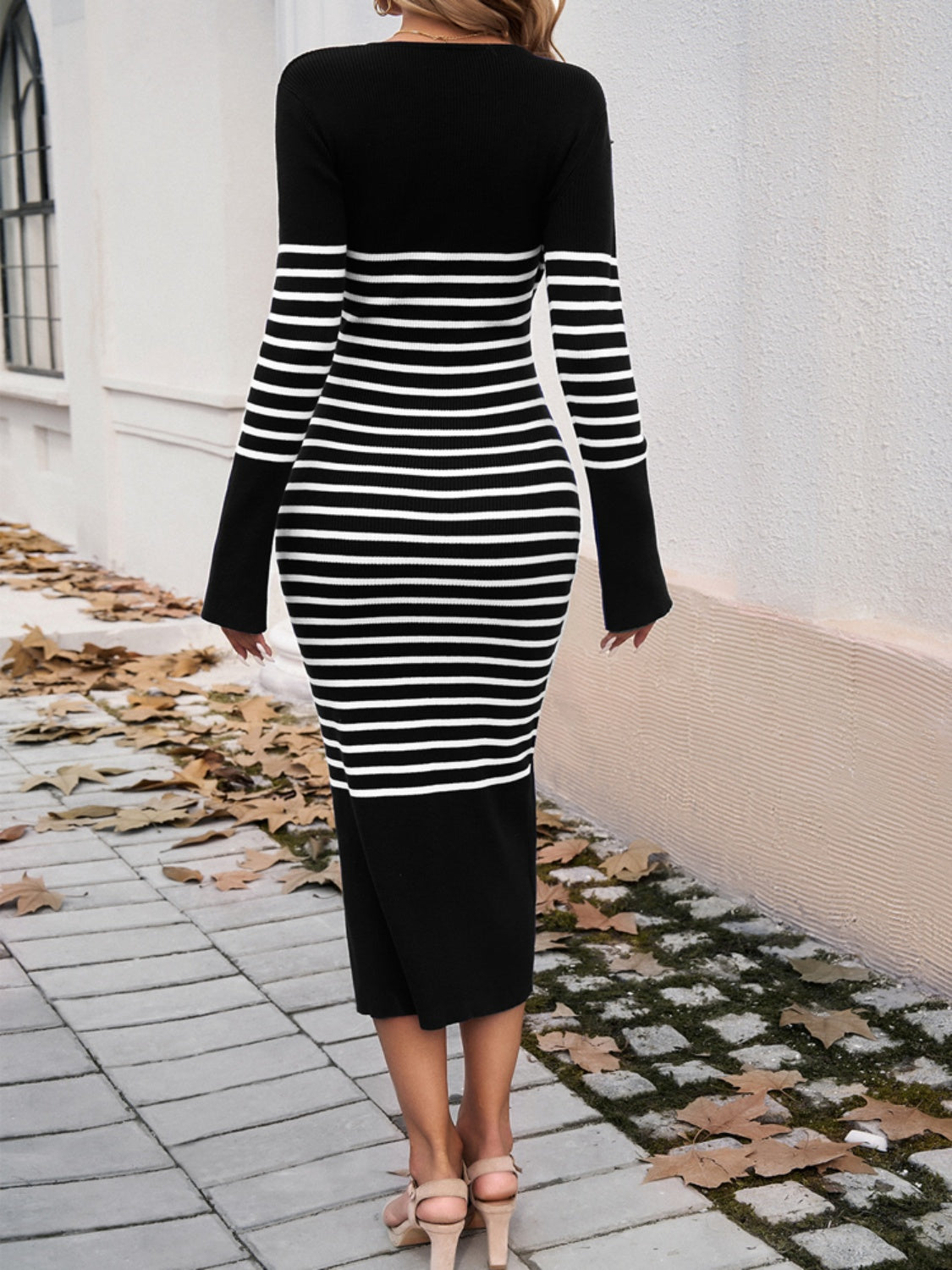 Striped V-Neck Long Sleeve Sweater Dress-TOPS / DRESSES-[Adult]-[Female]-2022 Online Blue Zone Planet