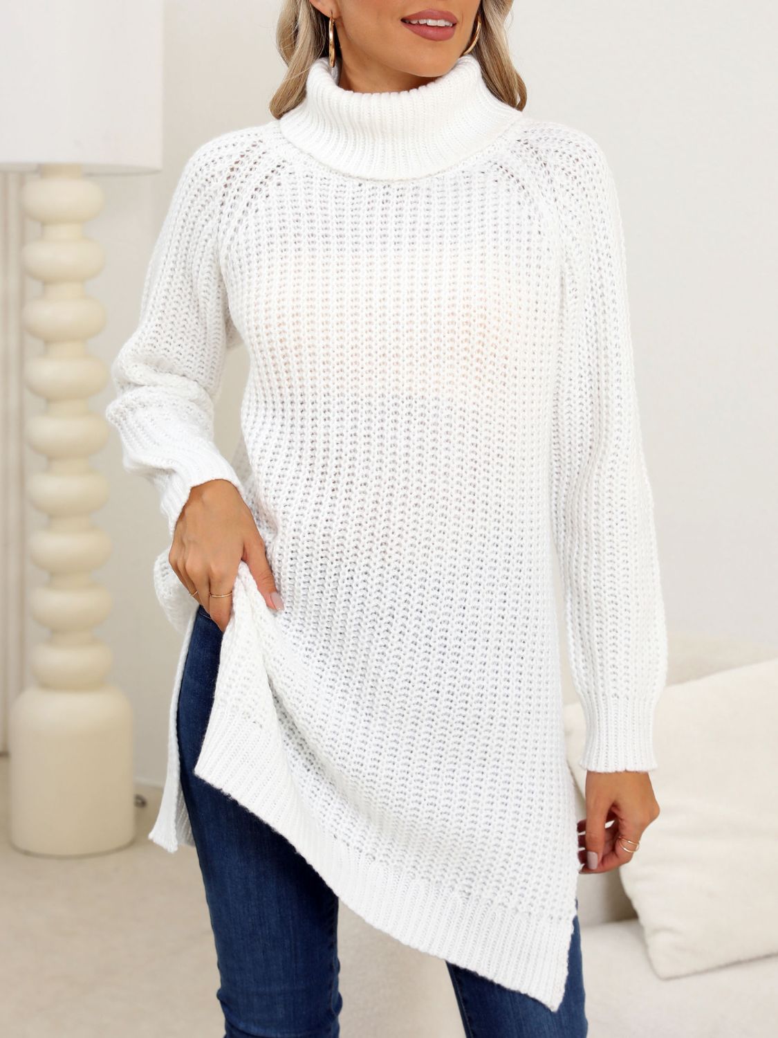 Blue Zone Planet | Slit Turtleneck Long Sleeve Sweater-TOPS / DRESSES-[Adult]-[Female]-White-S-2022 Online Blue Zone Planet