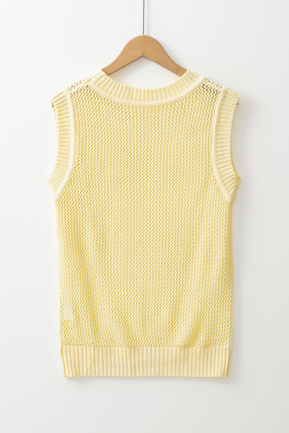 Yellow Solid Color Hollowed Knit Round Neck Sweater Vest-Sweaters & Cardigans/Sweater Vests-[Adult]-[Female]-2022 Online Blue Zone Planet